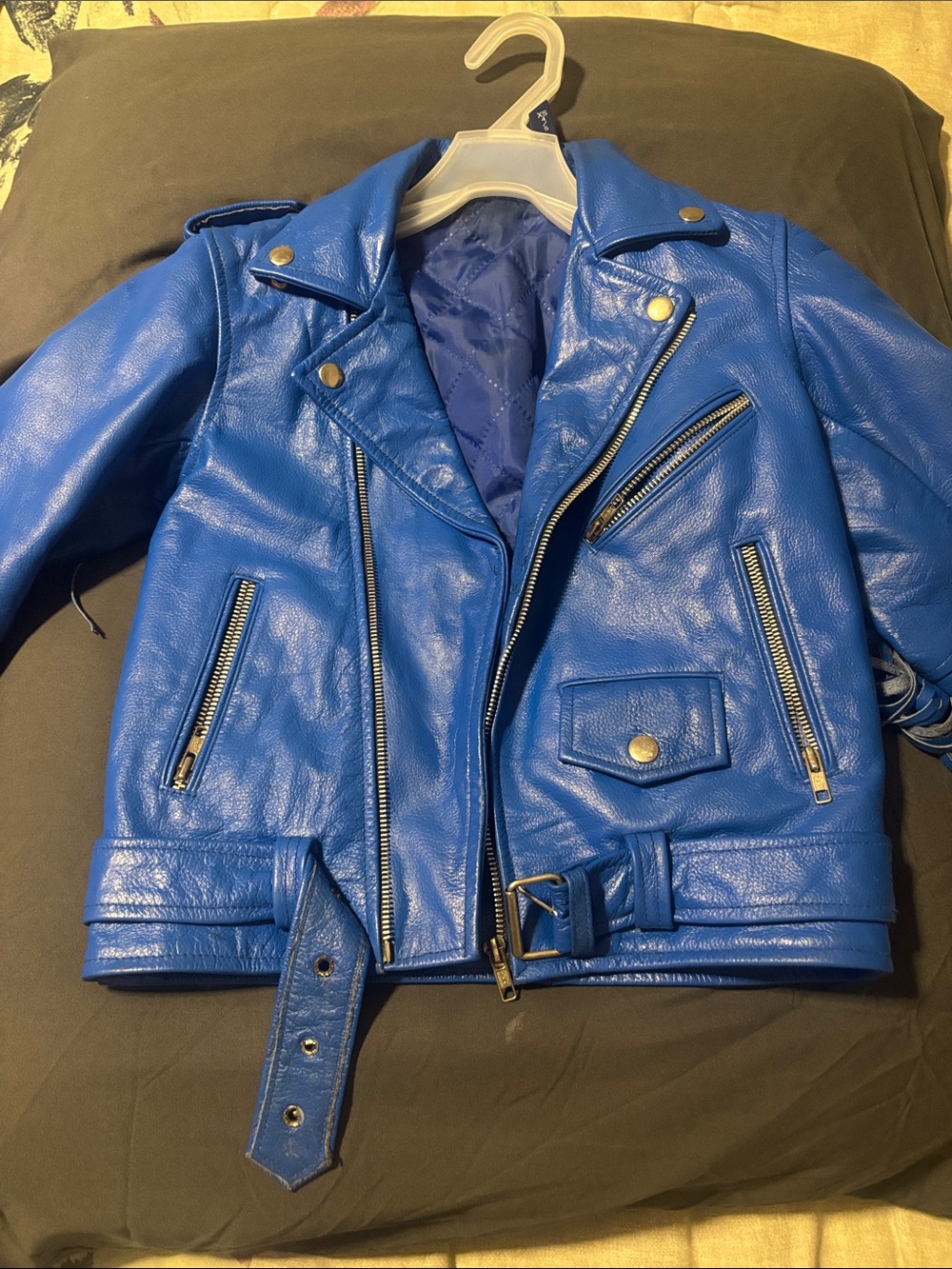 Kids Electric Blue Faux Leather Biker Jacket with Belt